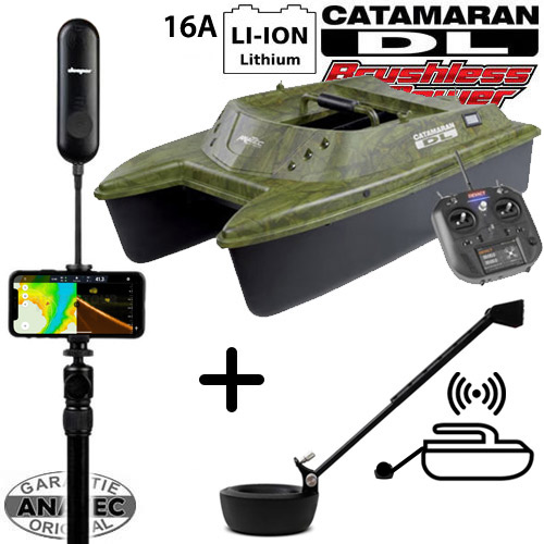 Bateau Amorceur Anatec Catamaran DL OAK Lithium 16A Brushless DE-SR07 + Support et Amplificateur Deeper